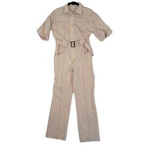 Kittenish Puff Sleeve Utility Belted Jumpsuit Womens Size Small Cream Beige